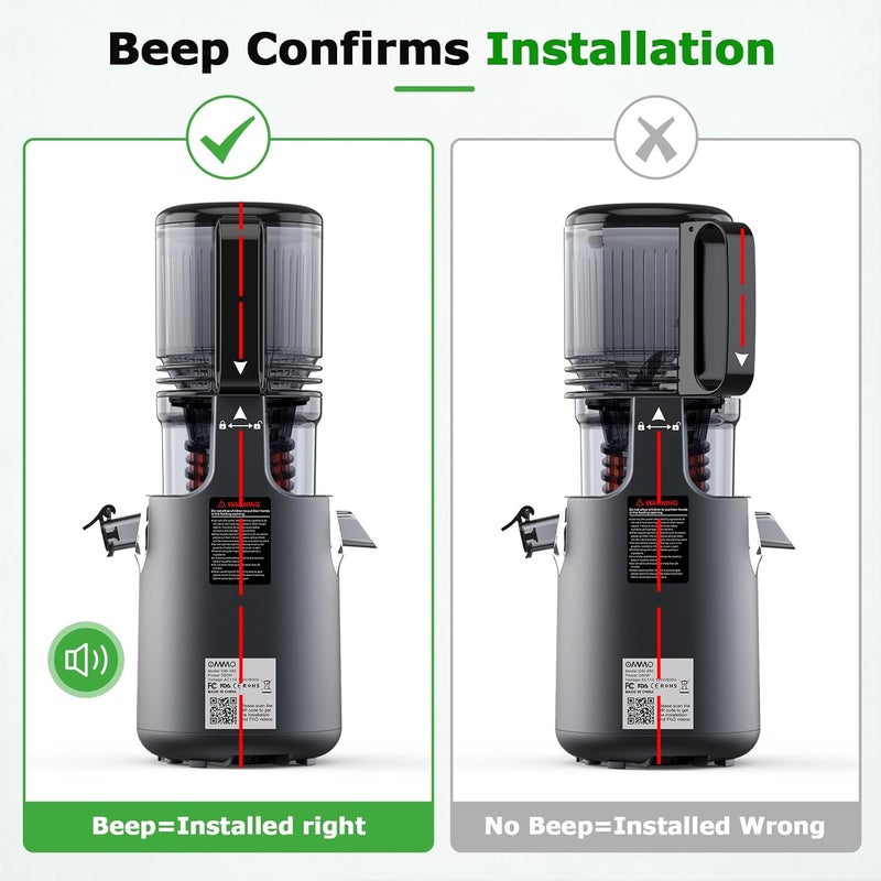 OMMO Cold Press Juicer Machines: 5.1" Wide Feed Chute Slow Masticating Juicer for Whole Fruits & Vegetables, Easy to Clean, High Juice Yield, BPA Free, Grey - Image 5